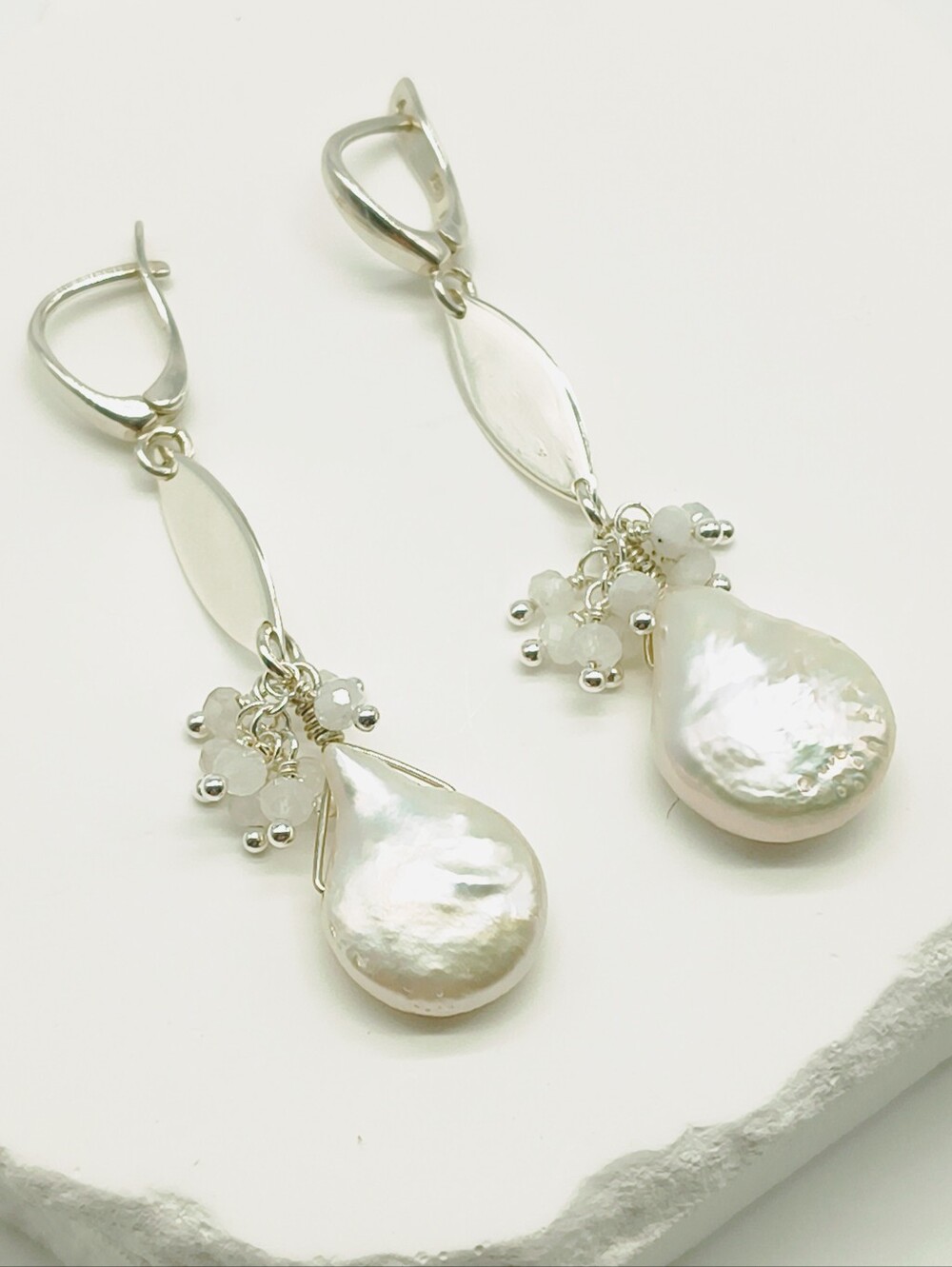 Sterling Silver Freshwater Pearl Moonstone Drop Dangle Earrings